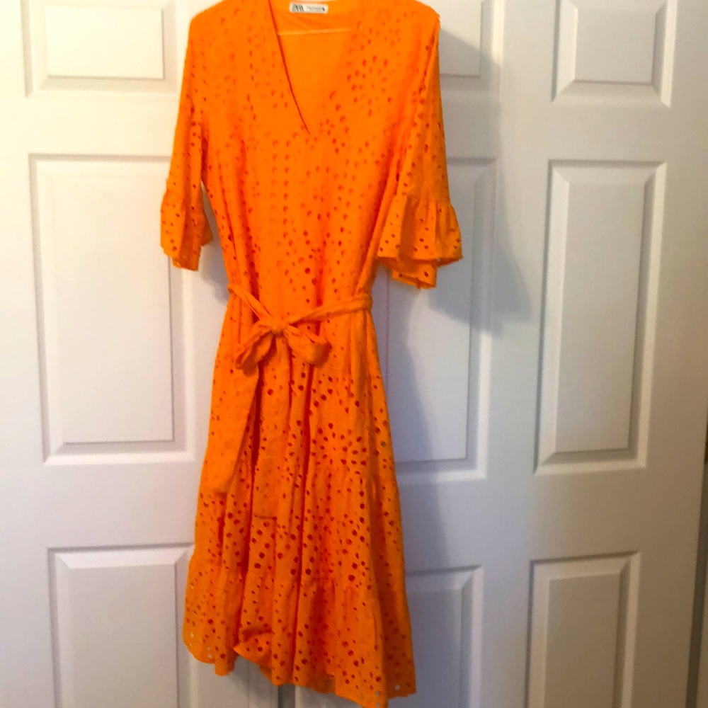 Zara Orange Eyelet Wrap Midi Dress